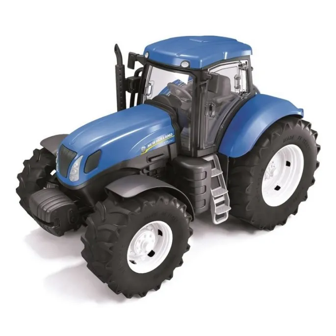 Zabawka traktor New Holland z aktównym zawieszeniem i dużymi kołami.