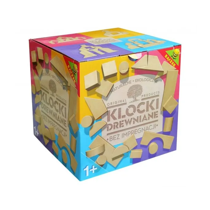 Drewniane klocki naturalne dla dzieci powyżej 1 roku życia.