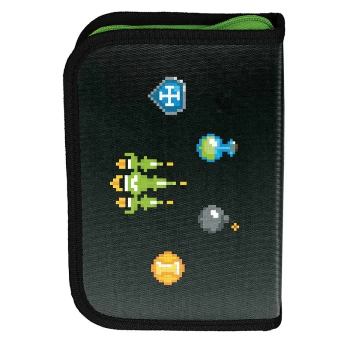 Praktyczny dwuklapkowy piórnik z elastycznymi uchwytami do organizacji przyborów.