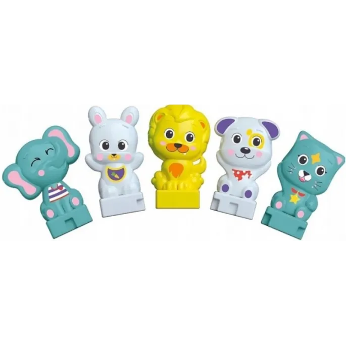 Zestaw z lokomotywą, wagonikami i pięcioma zwierzątkami.