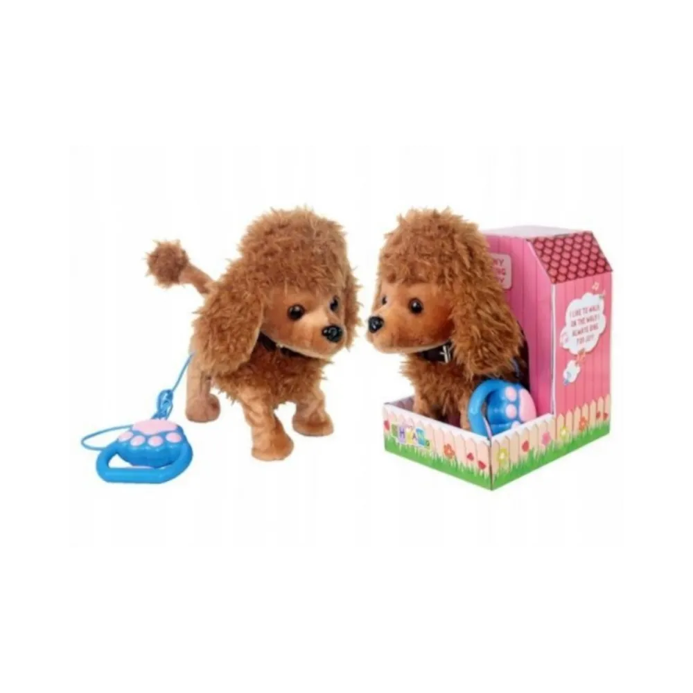 Uroczy piesek Pudel na smyczy z ruchomą głową i ogonem.