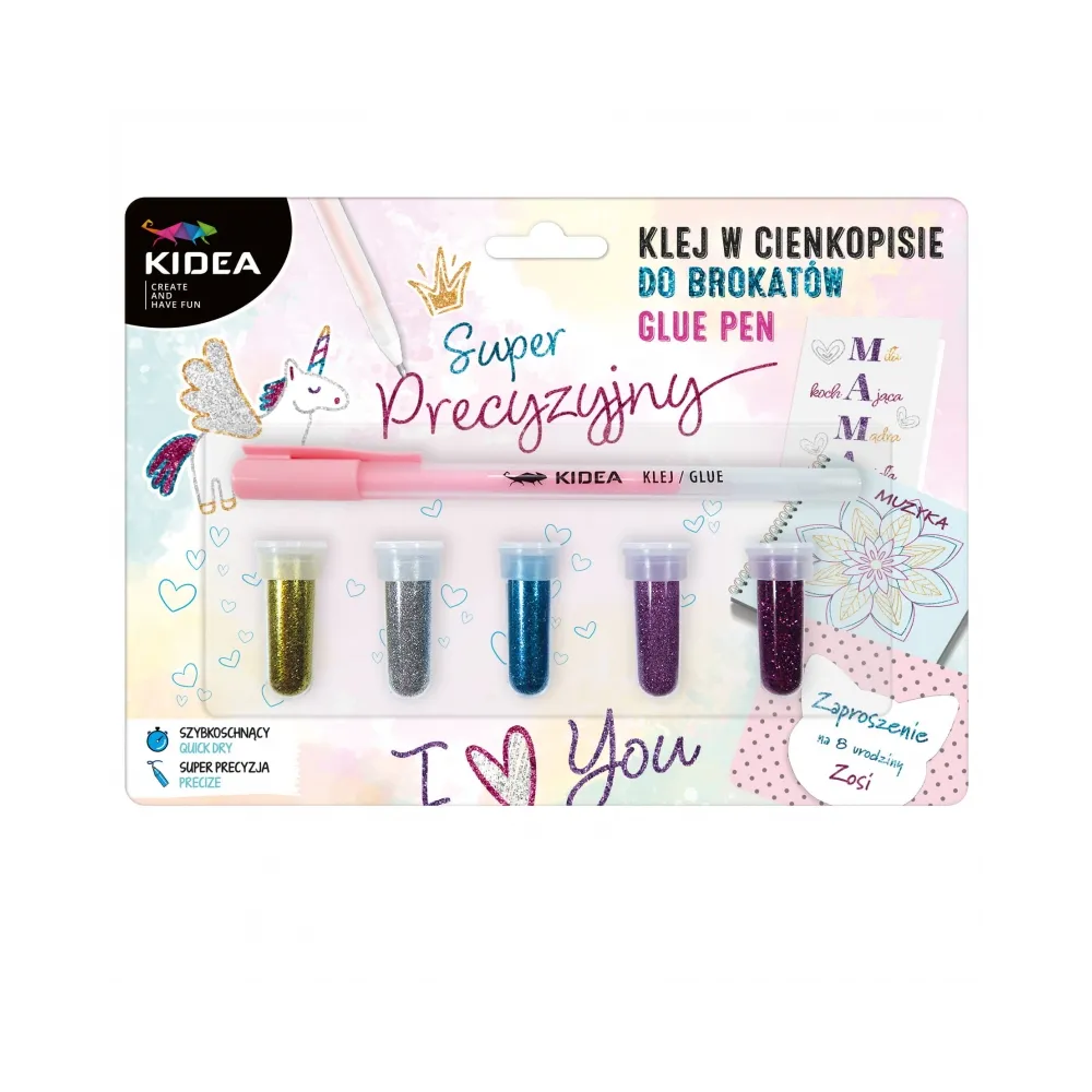 Precyzyjny klej w cienkopisie z brokatem w 5 kolorach.