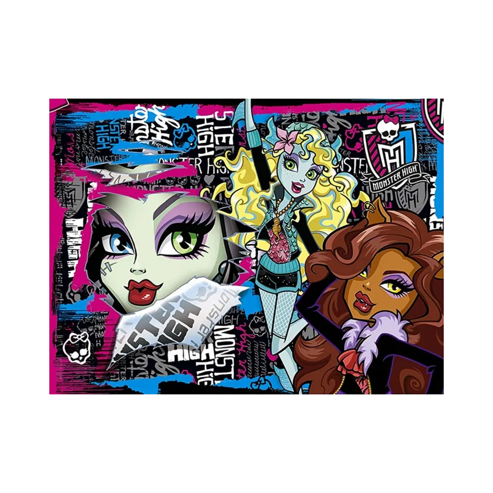 Dzieci układają puzzle 104 elementy z motywem Monster High.