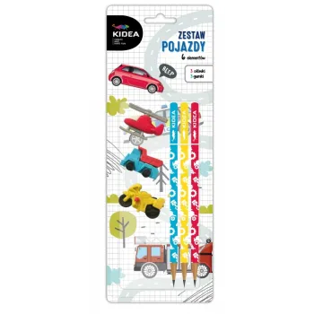 Zestaw 3 ołówki i 3 gumki Wzór Pojazdy Kidea G2