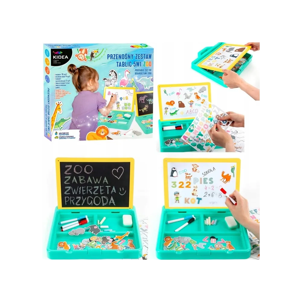 Zestaw tablic edukacyjnych z magnesami do zabawy i nauki dla dzieci.