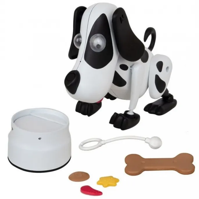 Piesek Bailey je z miski i bawi dzieci swoimi funkcjami