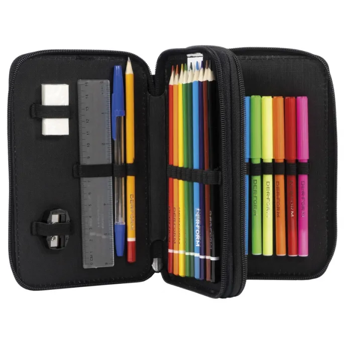 Dwupoziomowy piórnik z gumowymi uchwytami i przyborami edukacyjnymi