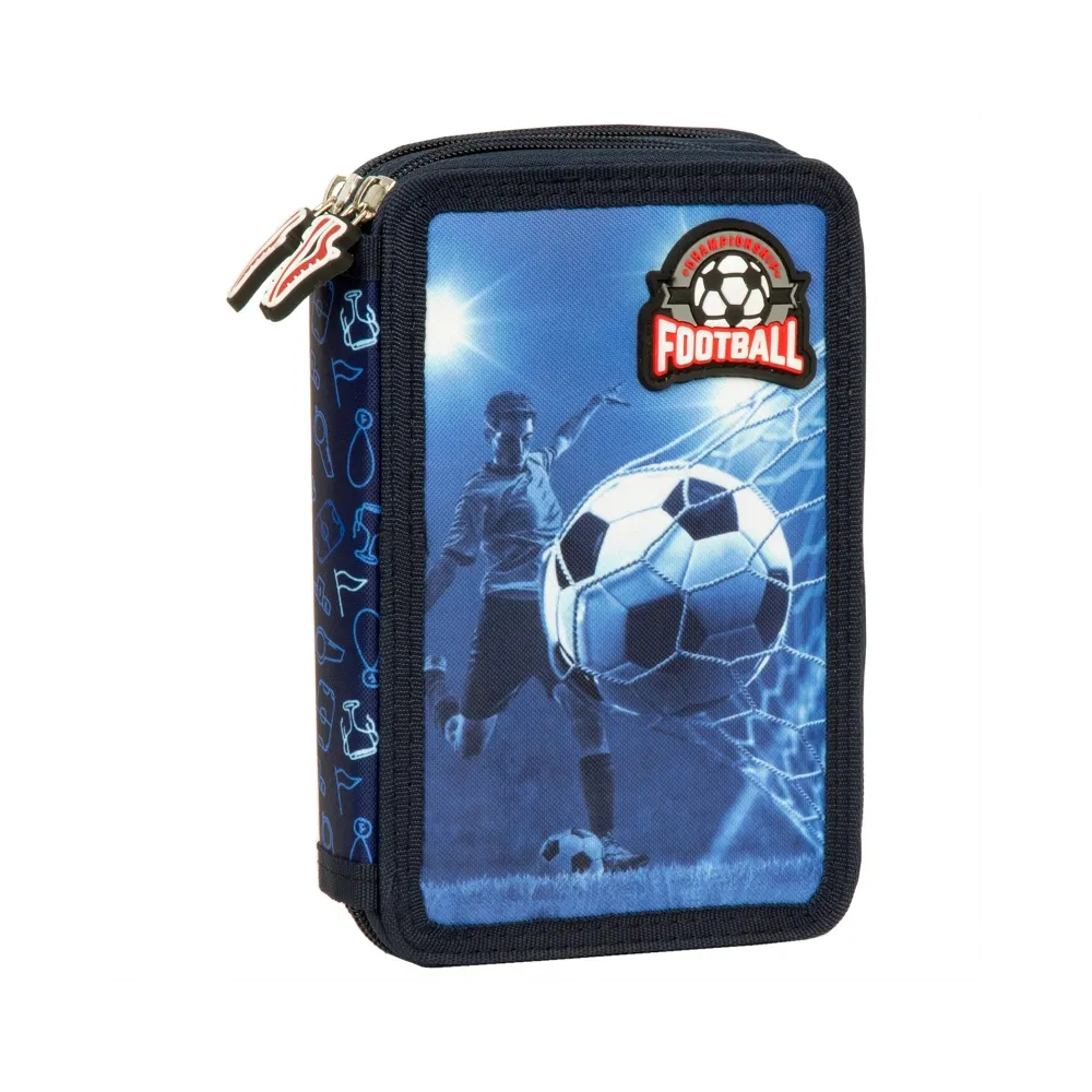 Dwupoziomowy piórnik do szkoły z akcesoriami piłkarskimi