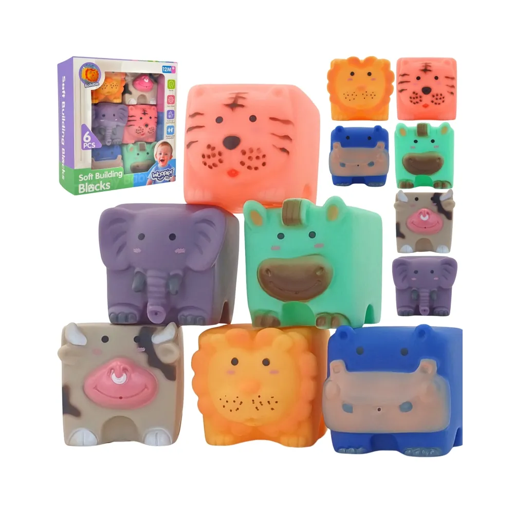 WOOPIE BABY Klocki Sensoryczne Zwierzątka Układanka do Ściskania + Dźwięk 6 el.