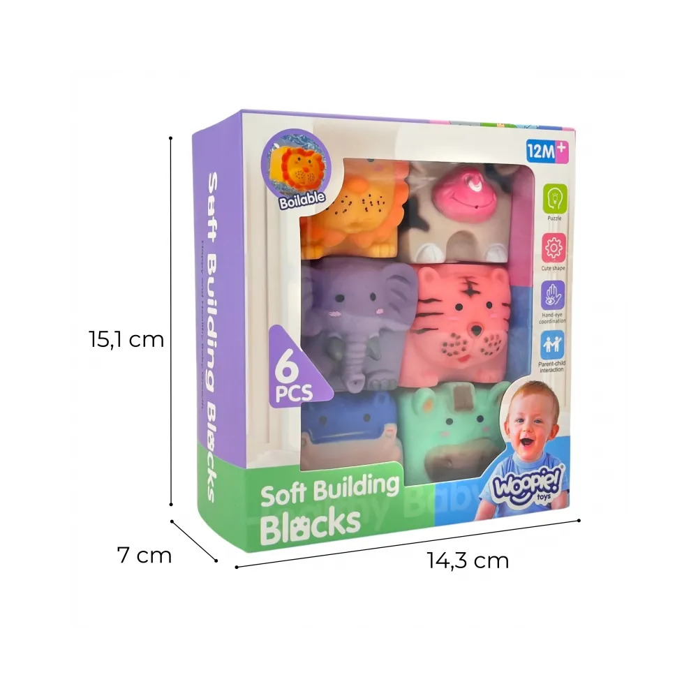 WOOPIE BABY Klocki Sensoryczne Zwierzątka Układanka do Ściskania + Dźwięk 6 el.