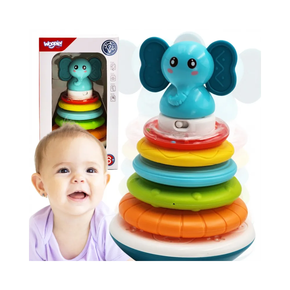 WOOPIE BABY Piramida Wieża Interaktywna Słonik z Obręczami Grzechotka