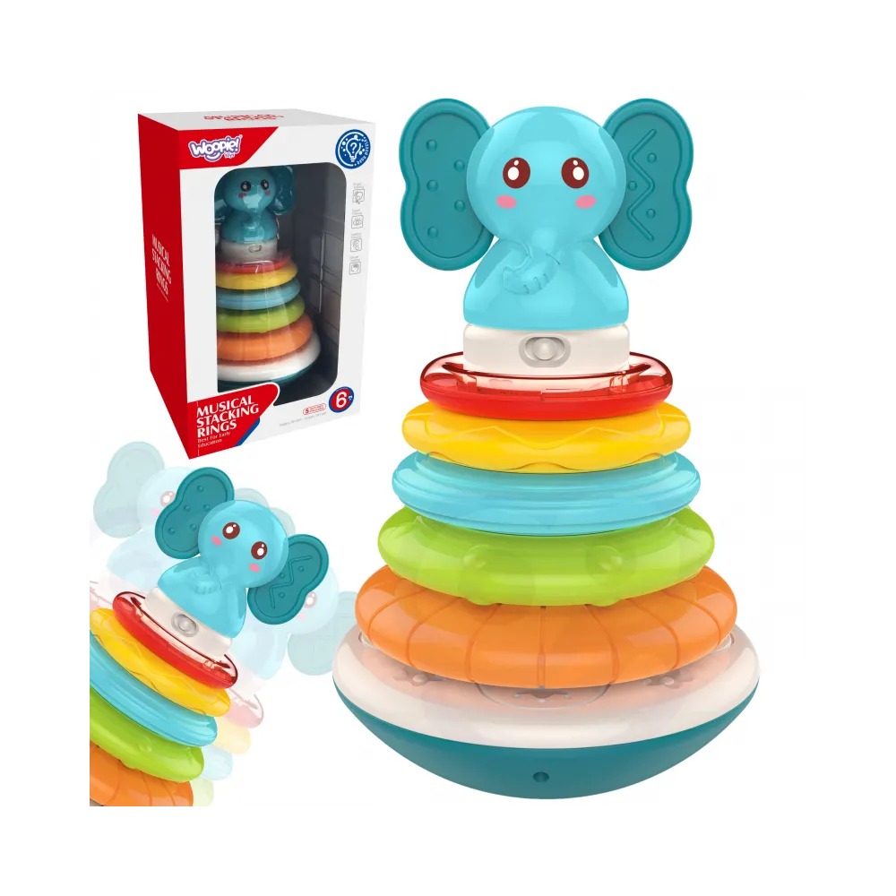 WOOPIE BABY Piramida Wieża Interaktywna Słonik z Obręczami Grzechotka
