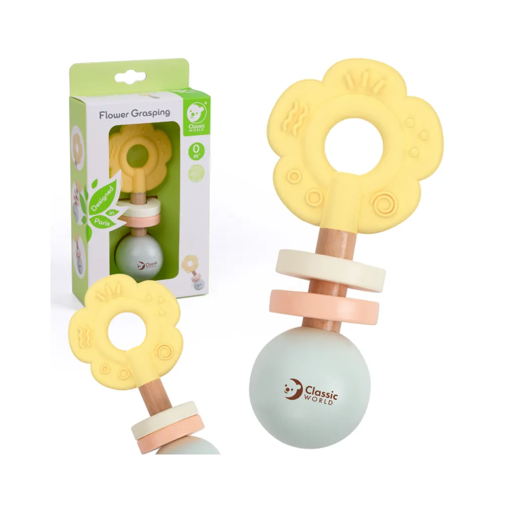 CLASSIC WORLD Drewniana Pastelowa Grzechotka Gryzak 2w1 Kwiatuszek 0+