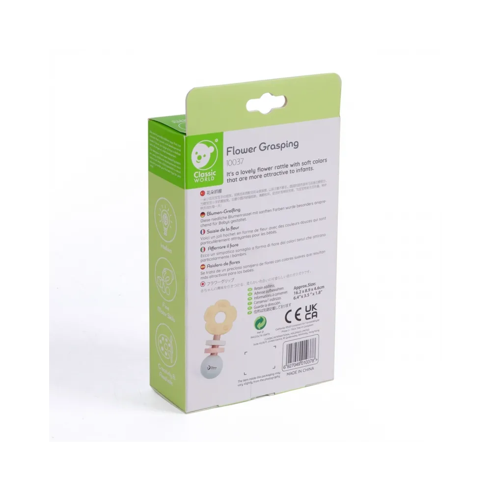 CLASSIC WORLD Drewniana Pastelowa Grzechotka Gryzak 2w1 Kwiatuszek 0+