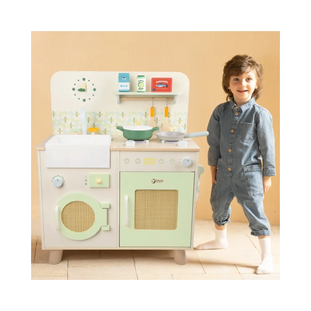 CLASSIC WORLD Drewniana Kuchnia XXL Wielofunkcyjna z Pralką i Akcesoriami