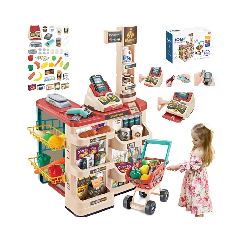 Dzieci bawią się w supermarket z wózkiem i kasą.