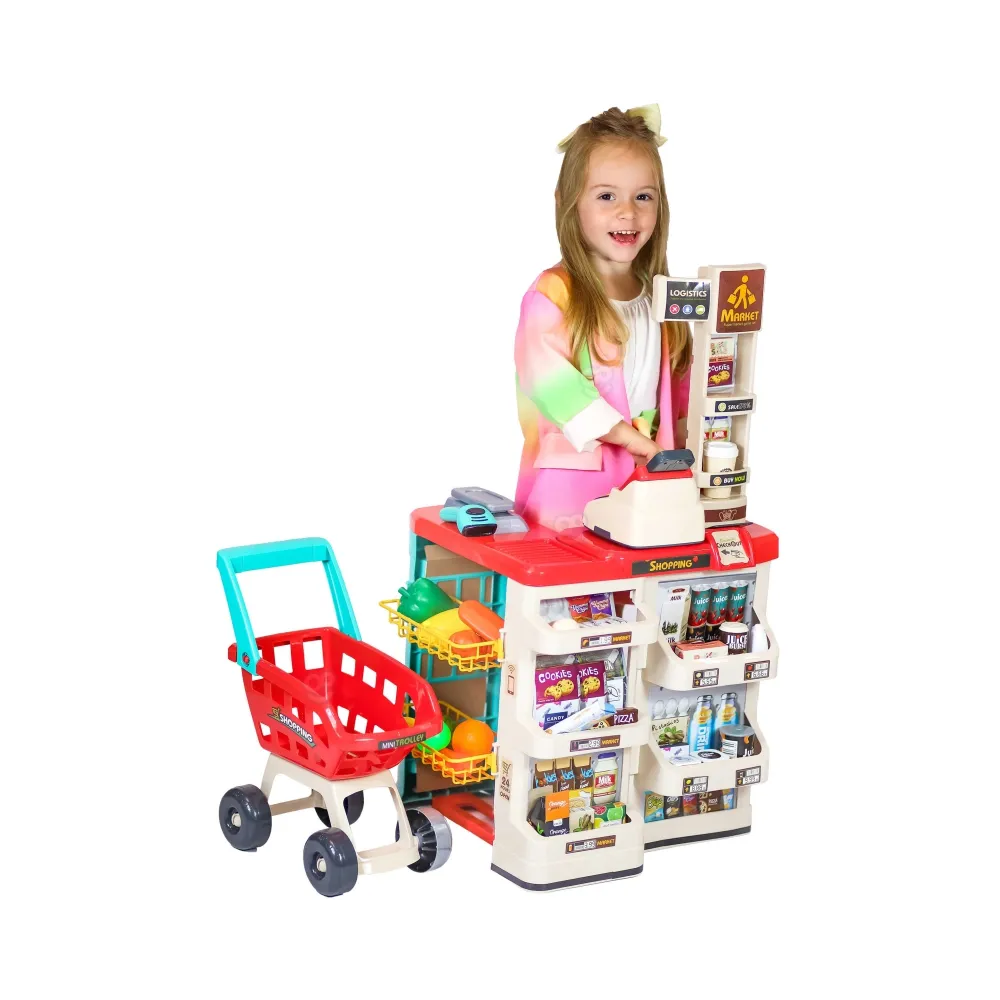 Zestaw do zabawy w sklep z wózkiem i akcesoriami.
