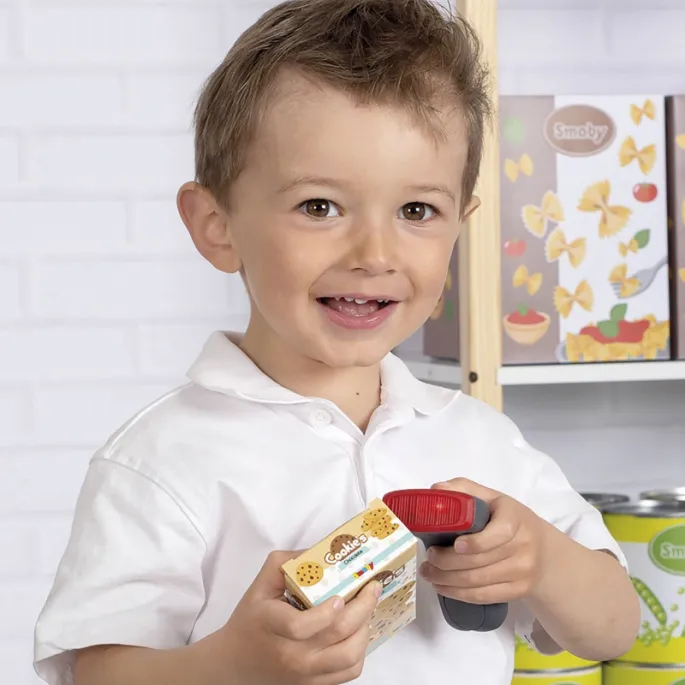 Zestaw z kasą, skanerem i produktami do zabawy w sklep.