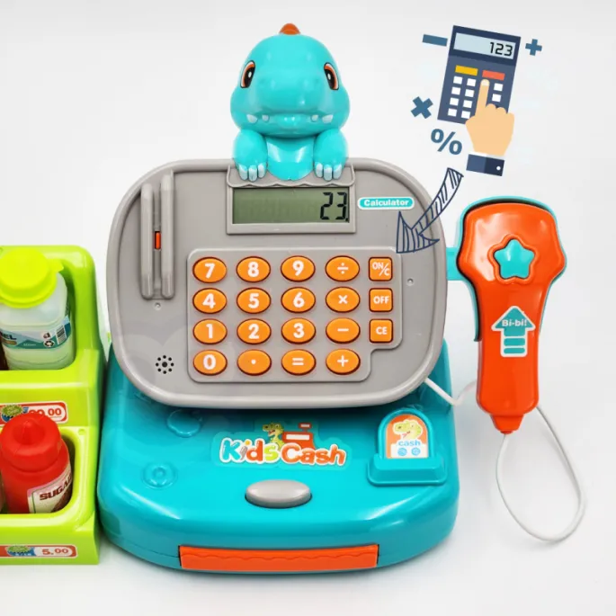 Kasa sklepowa z realistycznymi akcesoriami dla dzieci.