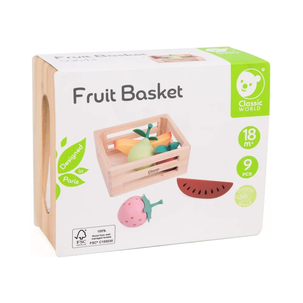 CLASSIC WORLD Zestaw Drewnianych Owoców w Koszyku 6 el.