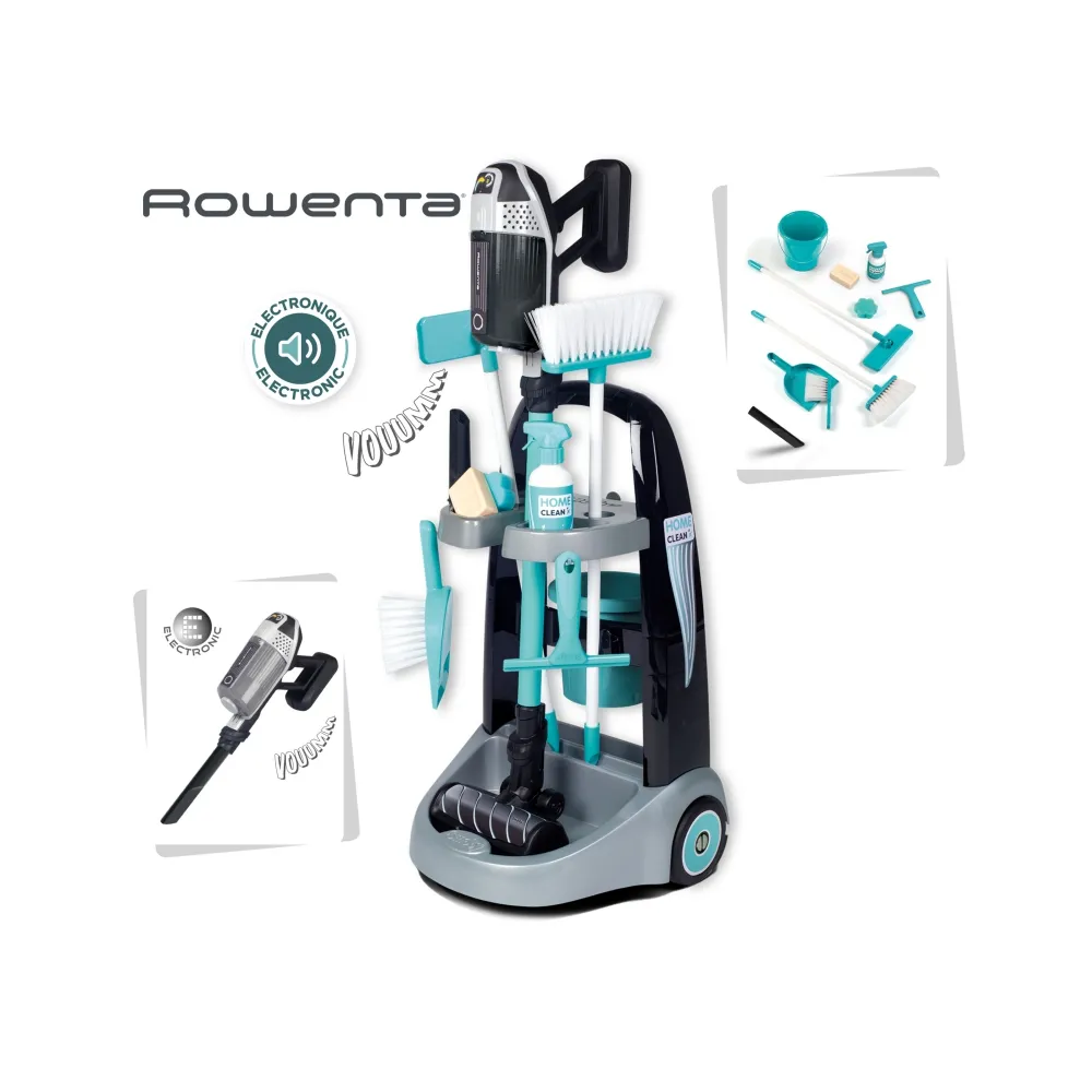 Wózek do sprzątania dla dzieci z odkurzaczem Rowenta SMOBY i akcesoriami