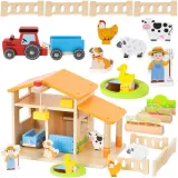 Drewniana farma z traktorem i zwierzętami dla dzieci
