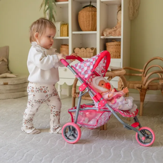 Stylowy wózek dla lalek z praktycznym koszykiem