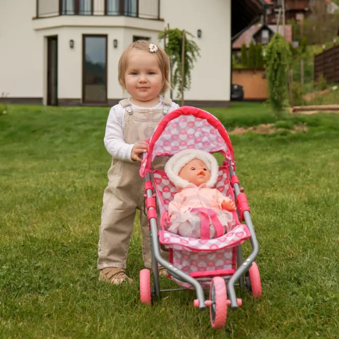 Elegancki wózek dla lalek z ochronną budką