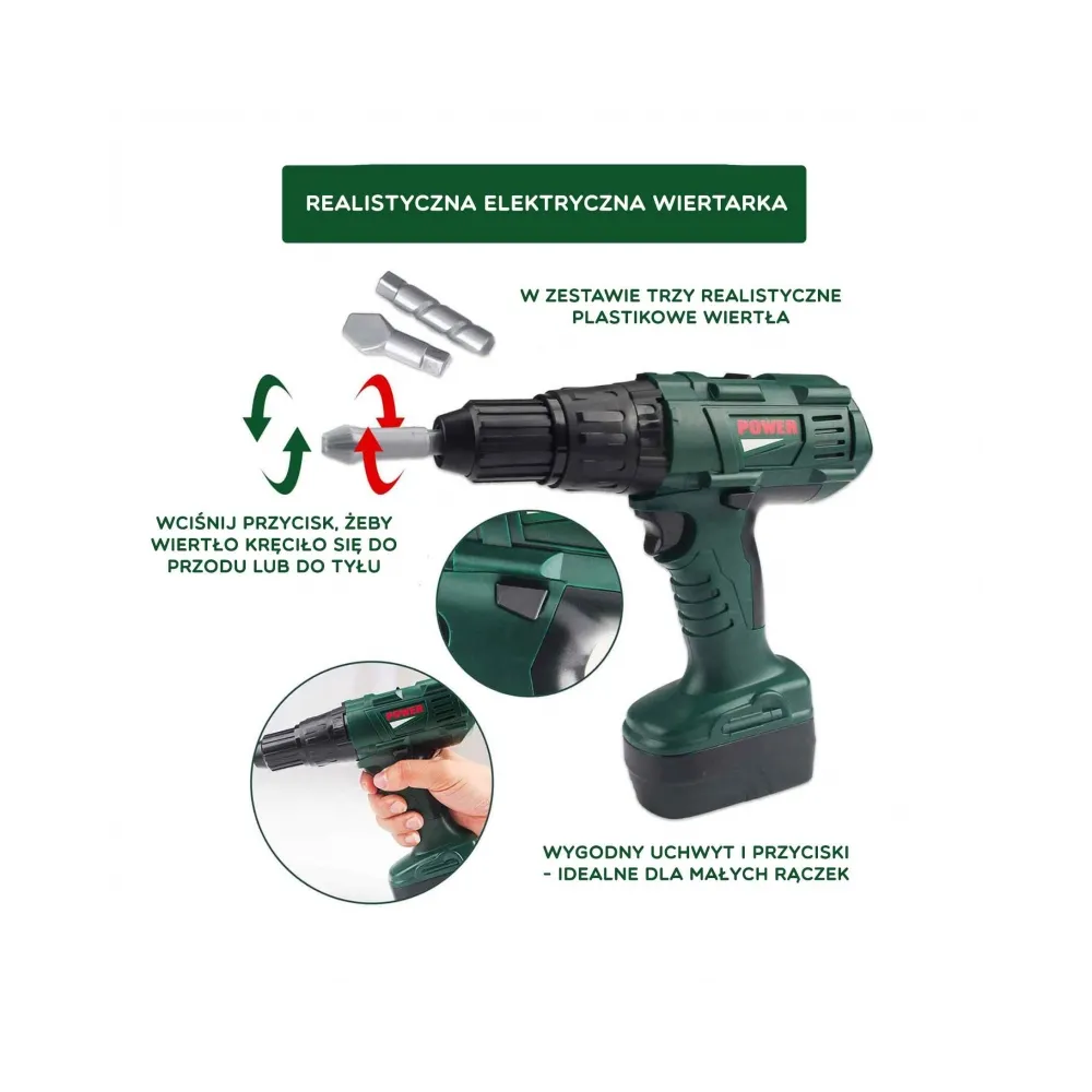 WOOPIE Duża Skrzynka z Narzędziami dla Dzieci Zestaw Majsterkowicza Wkrętarko-Wiertarka 15 el.