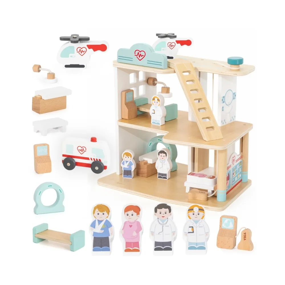 VIGA Drewniany Szpital Z Karetką Winda Zestaw 15 el