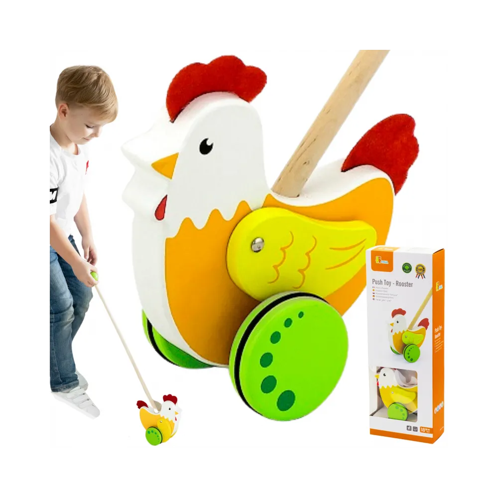 Drewniany pchacz z kogucikiem dla maluchów