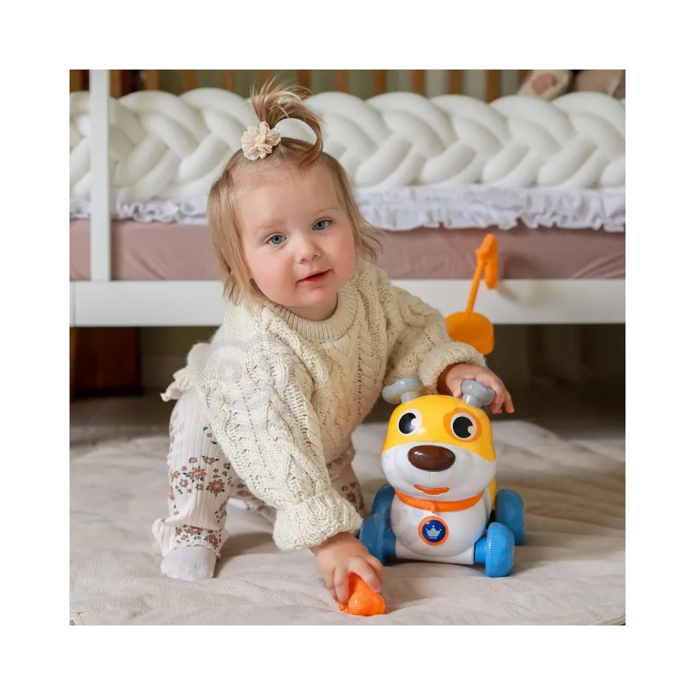 Zabawny piesek, który szczeka i porusza się na kółkach.