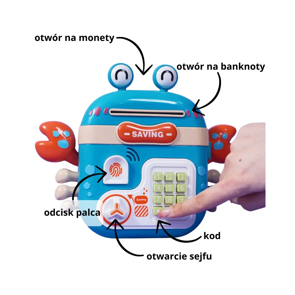 WOOPIE Elektroniczna Skarbonka Sejf Bankomat na Pin Kod Dostępu Krab Plecak Niebieski