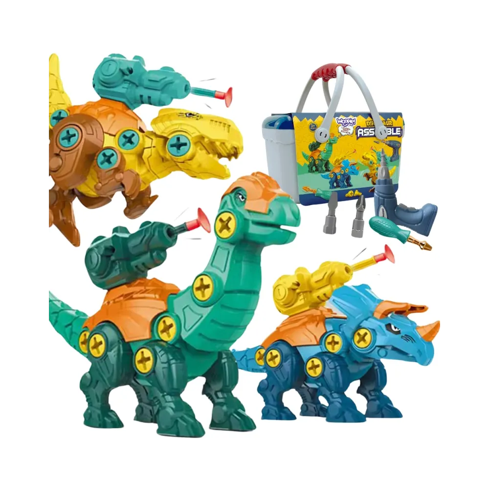 WOOPIE Zestaw Dinozaury do Skręcania 3 szt. Zestaw Konstrukcyjny w Pudełku + Wiertarka i Śrubokręt