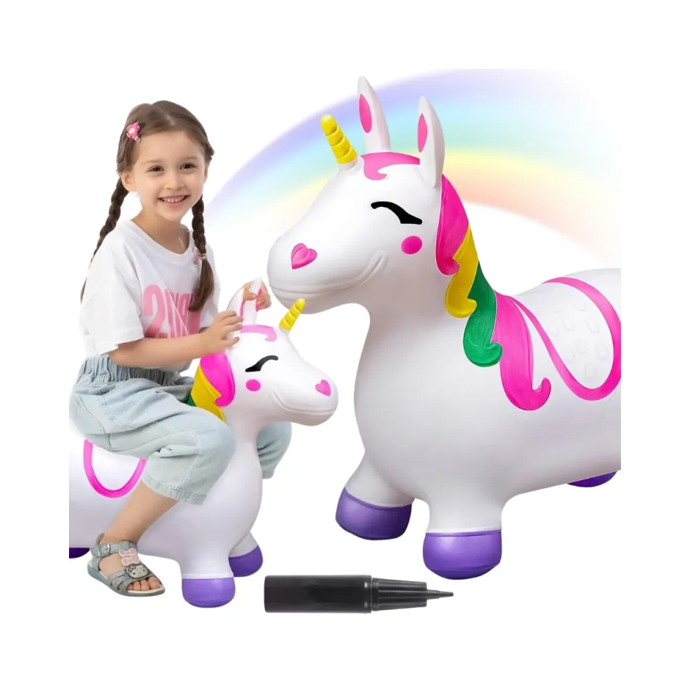 Biały gumowy skoczek jednorożec do zabawy dla dzieci z pompką