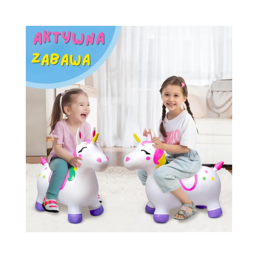 Zabawka do skakania Woopie w kształcie białego jednorożca z szeroką podstawą