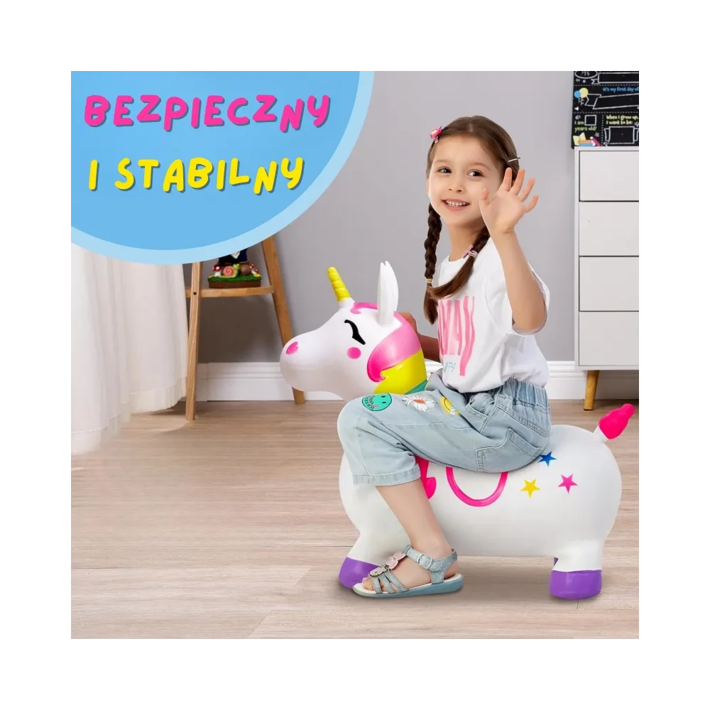 Biały jednorożec gumowy – bezpieczna i kolorowa zabawka na aktywność ruchową