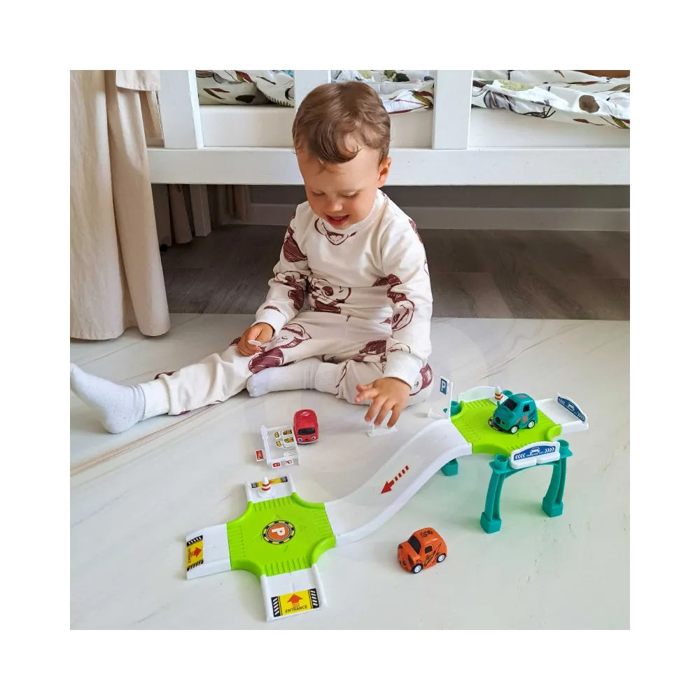 WOOPIE Tor Parking Garaż Samochodowy Zestaw Stacja Paliw Znaki Drogowe + 3 Auta