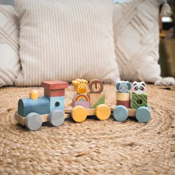 Układanka edukacyjna z drewnianą lokomotywą i klockami
