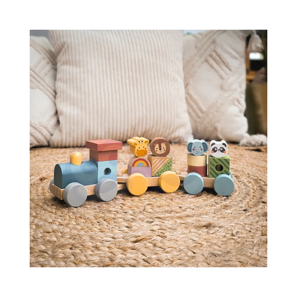 Układanka edukacyjna z drewnianą lokomotywą i klockami