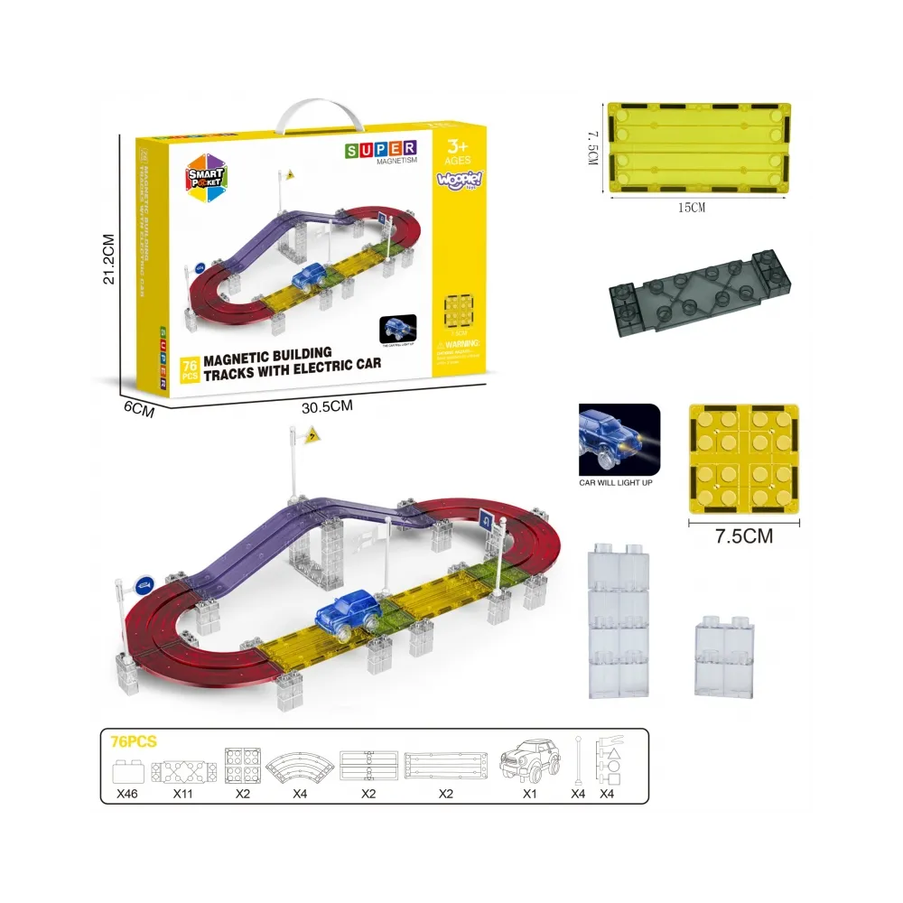 WOOPIE Magnetyczny Tor Samochodowy Wyścigowy + Autko 76 el.