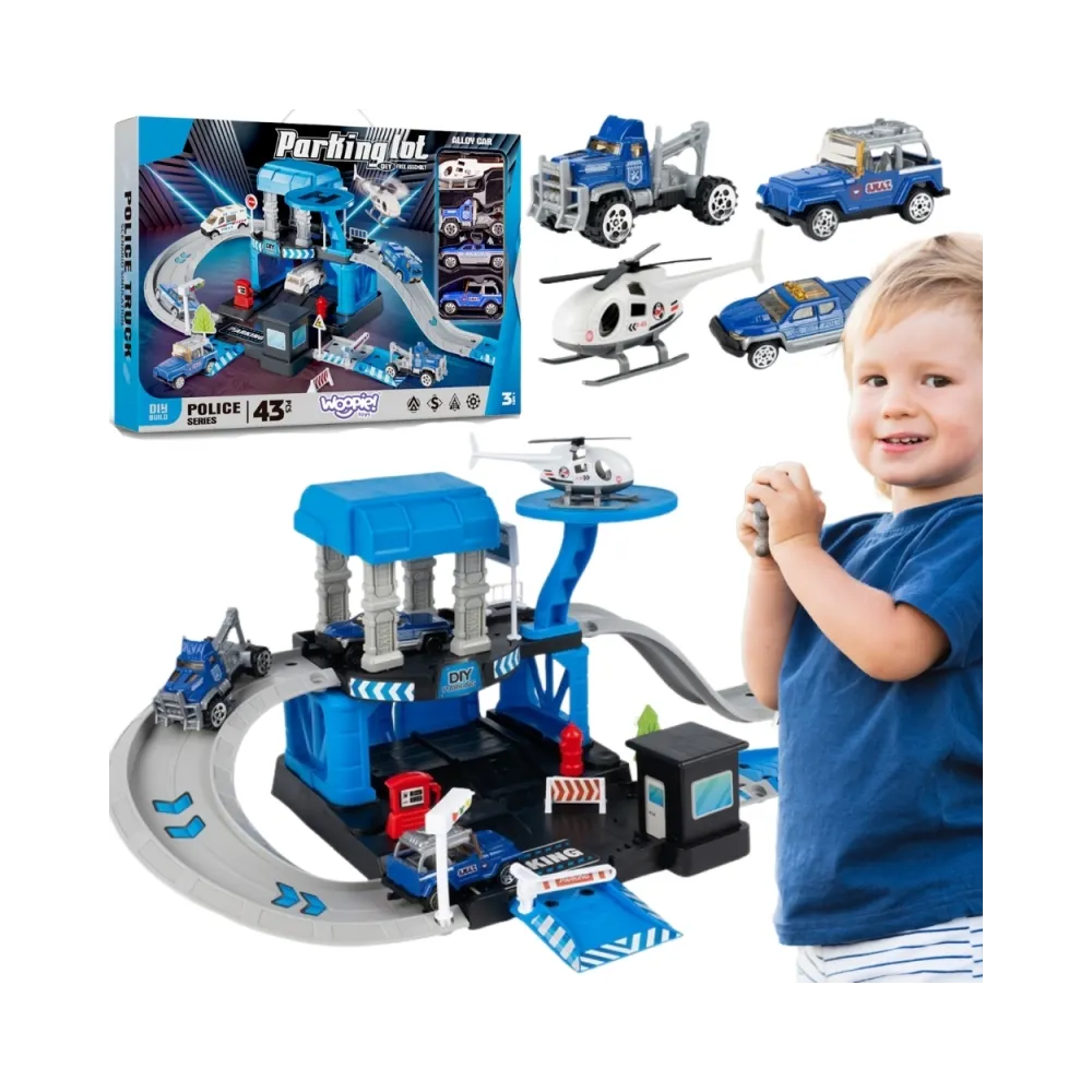 Dwupoziomowy parking policyjny z rampami i lądowiskiem