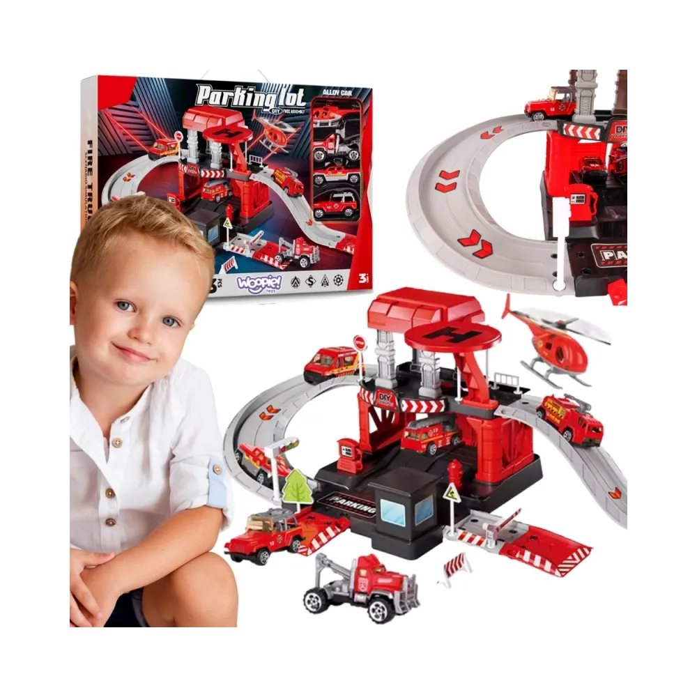 Dwupoziomowy parking straży pożarnej z rampami i helikopterem