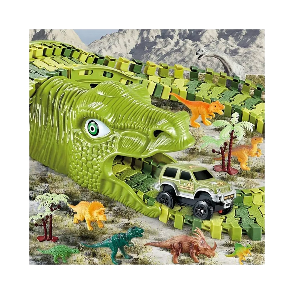 Kolorowy zestaw torów i figurek dinozaurów dla kreatywnych dzieci