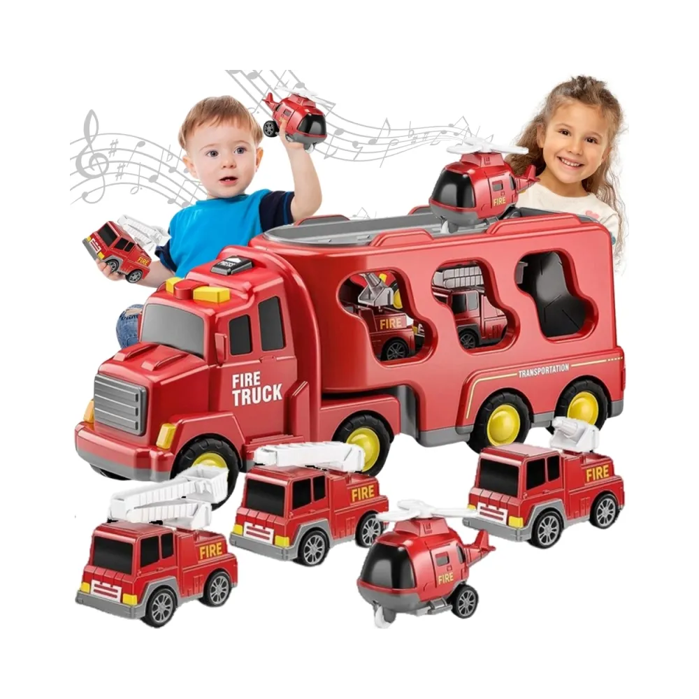 Laweta WOOPIE z zestawem wozów strażackich i helikopterem na białym tle