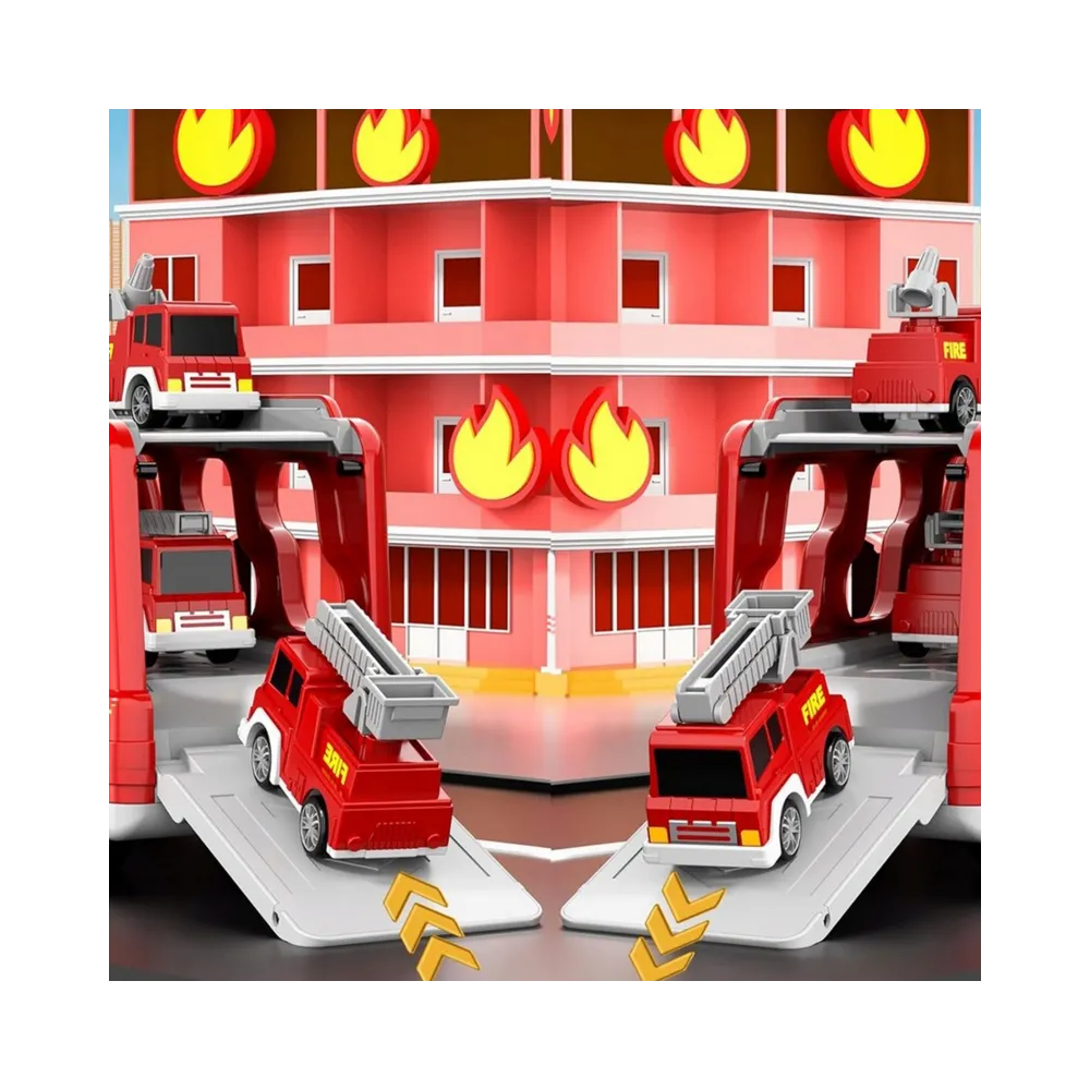 Zbliżenie na lawetę i klasyczny wóz strażacki z zestawu WOOPIE