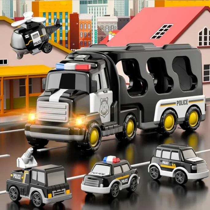 Cztery pojazdy policyjne w zestawie z lawetą