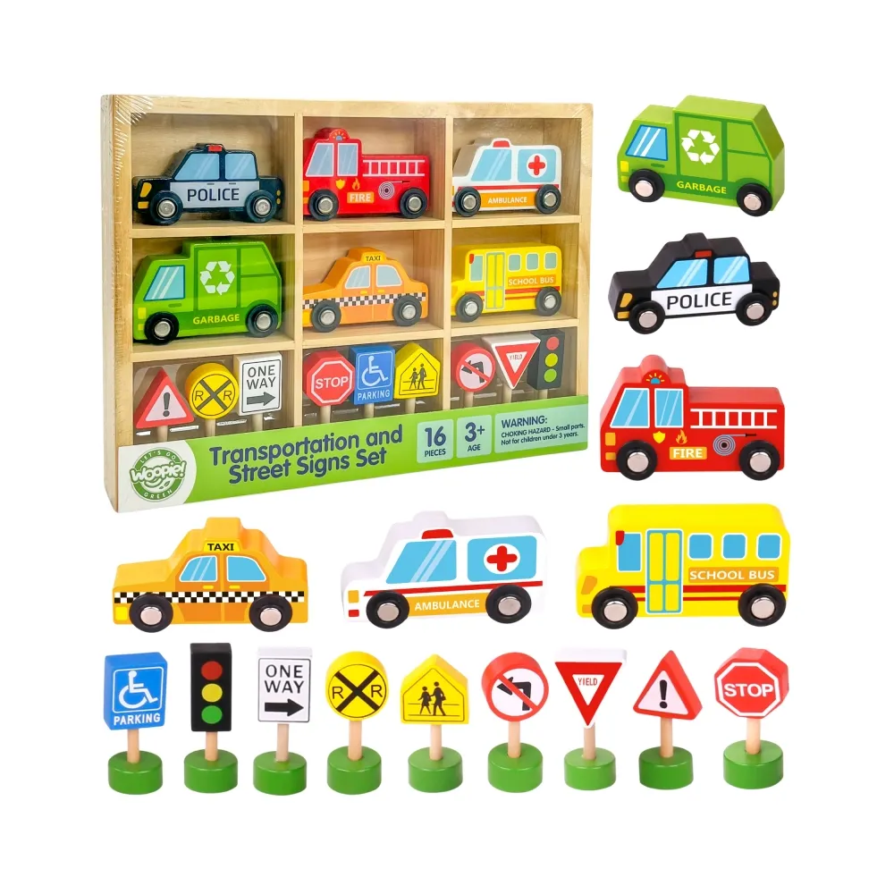 WOOPIE GREEN Zestaw Drewnianych Pojazdów i Znaków Drogowych 15 el.