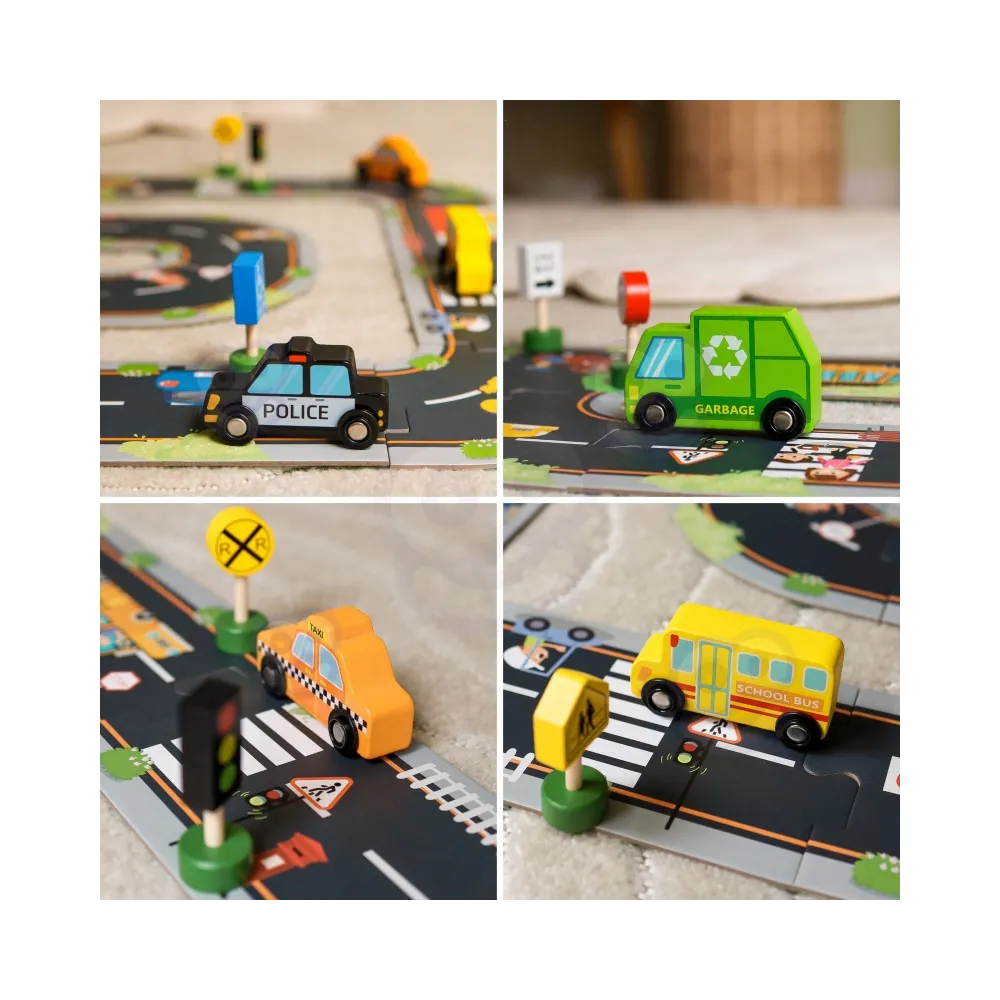 WOOPIE GREEN Zestaw Drewnianych Pojazdów i Znaków Drogowych 15 el.