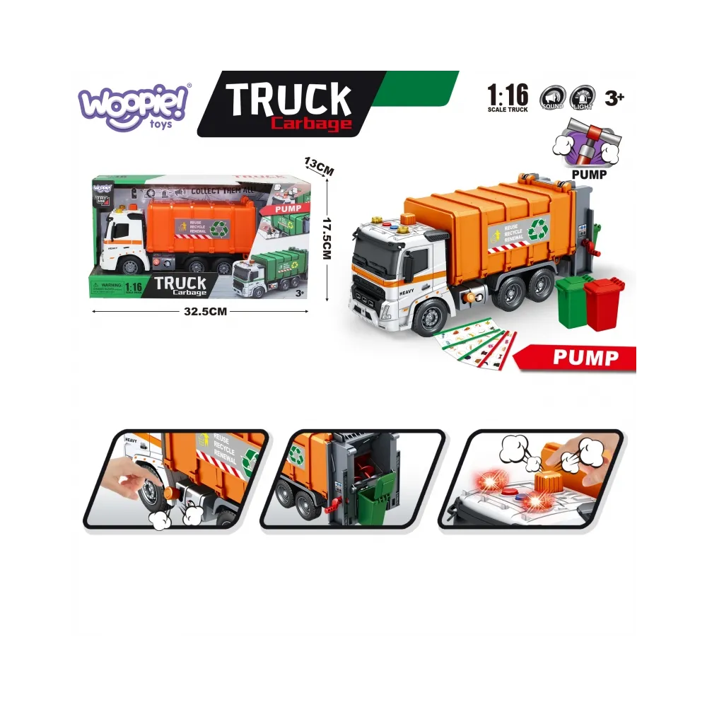 WOOPIE Interaktywna Śmieciarka Model Skala 1:16 Efekty Dźwiękowe i Świetlne
